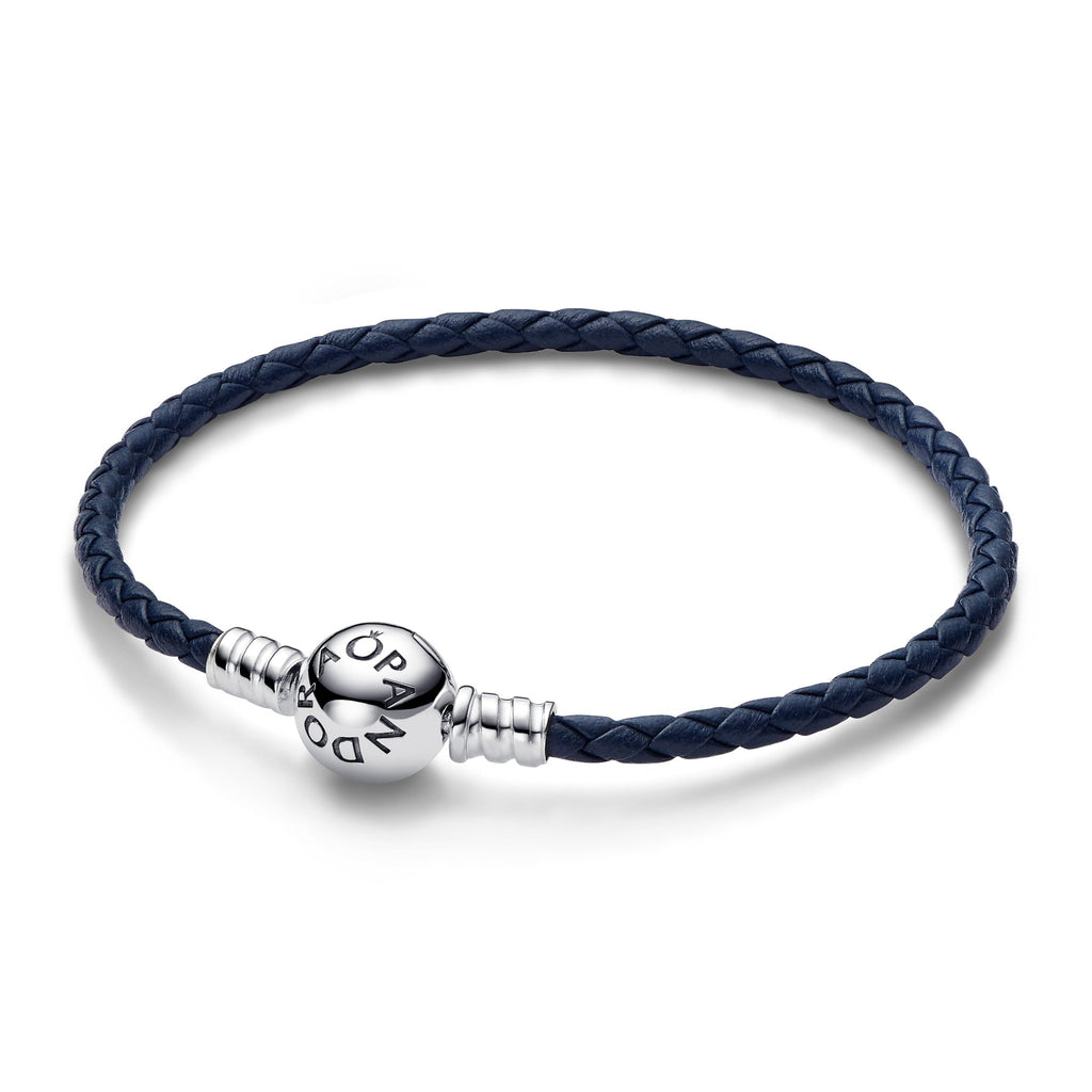Pandora Moments Round Clasp Blue Braided Leather Bracelet