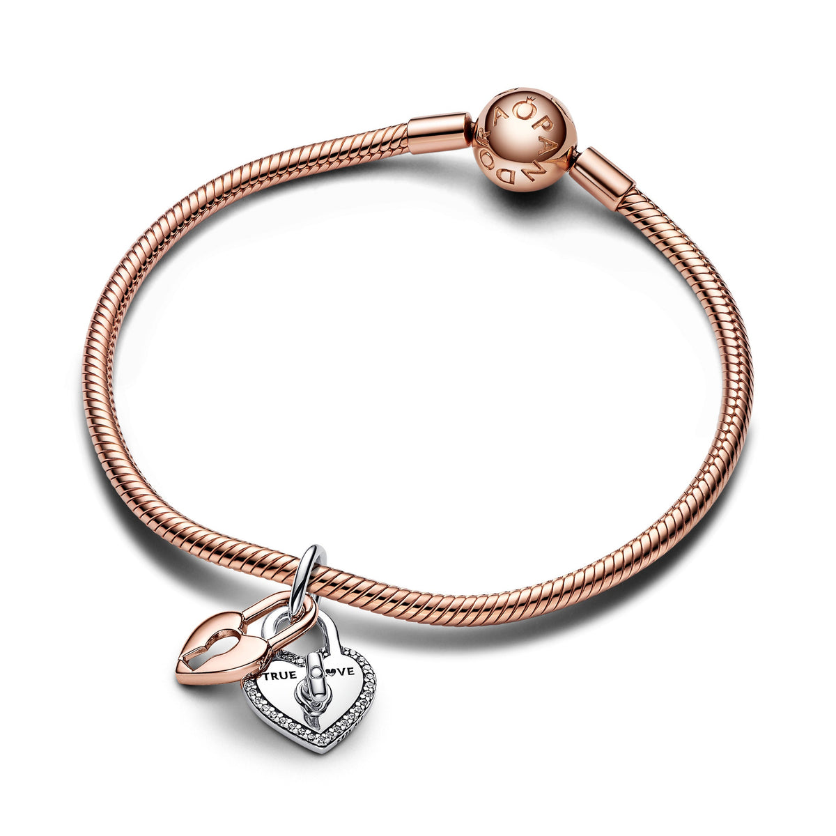 Pandora Charm Featuring Two-tone Twistable Heart Padlock Double Dangle