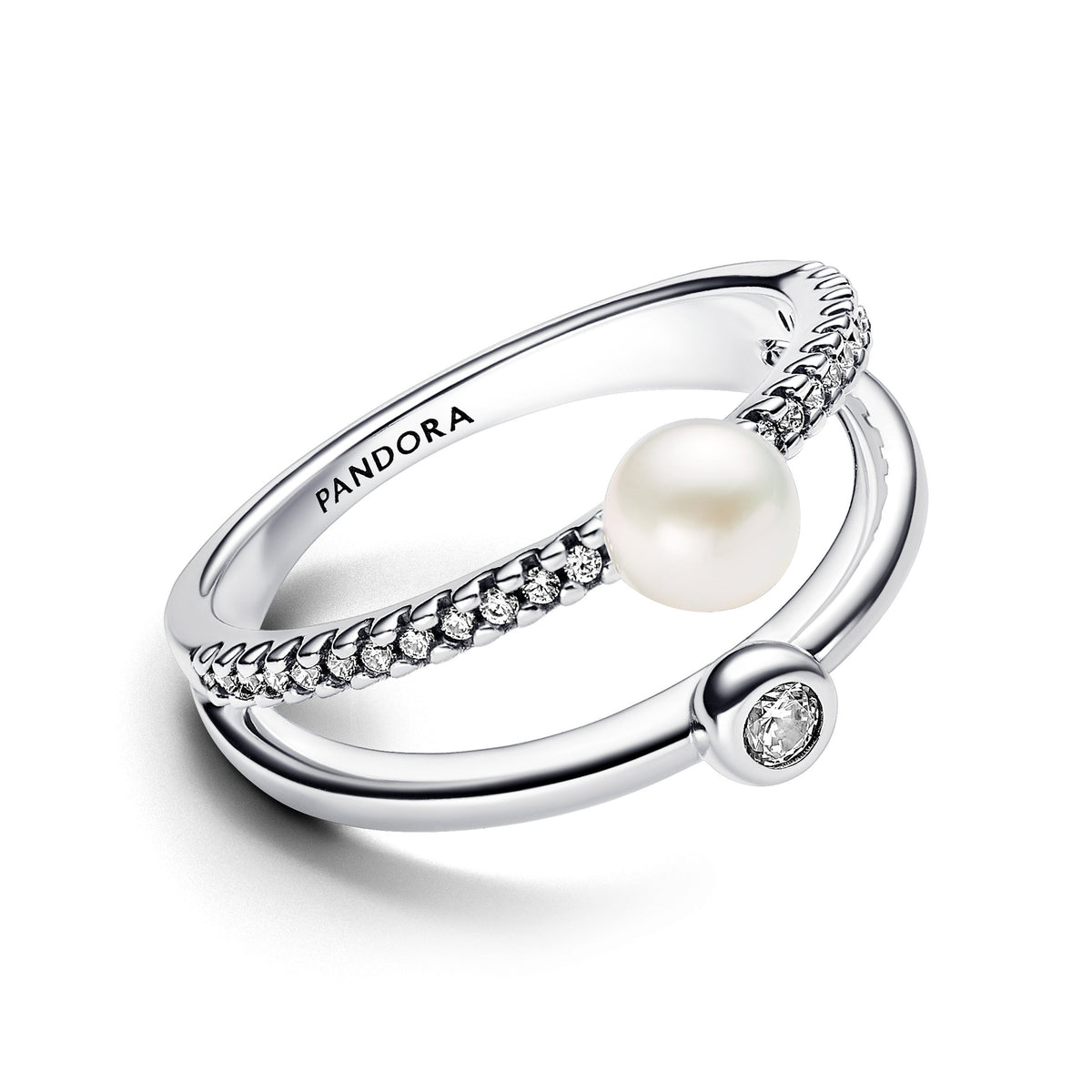 Pandora Ring Featuring Treated Freshwater Cultured Pearl & Pavé Double Band