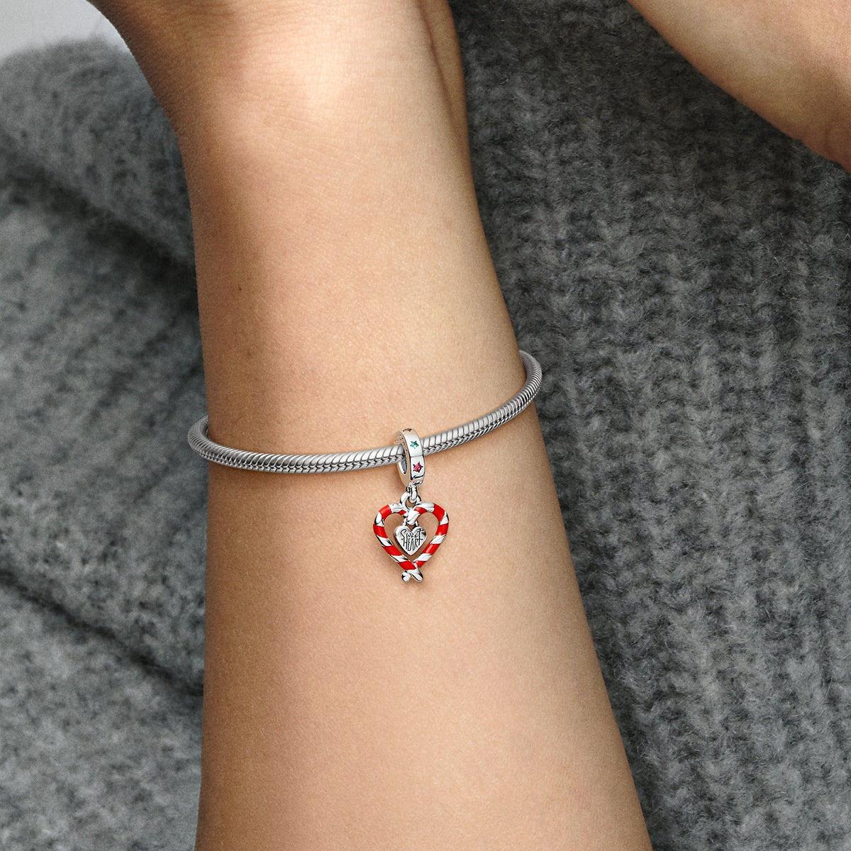 Pandora Charm Featuring Double Candy Cane Heart Christmas Dangle