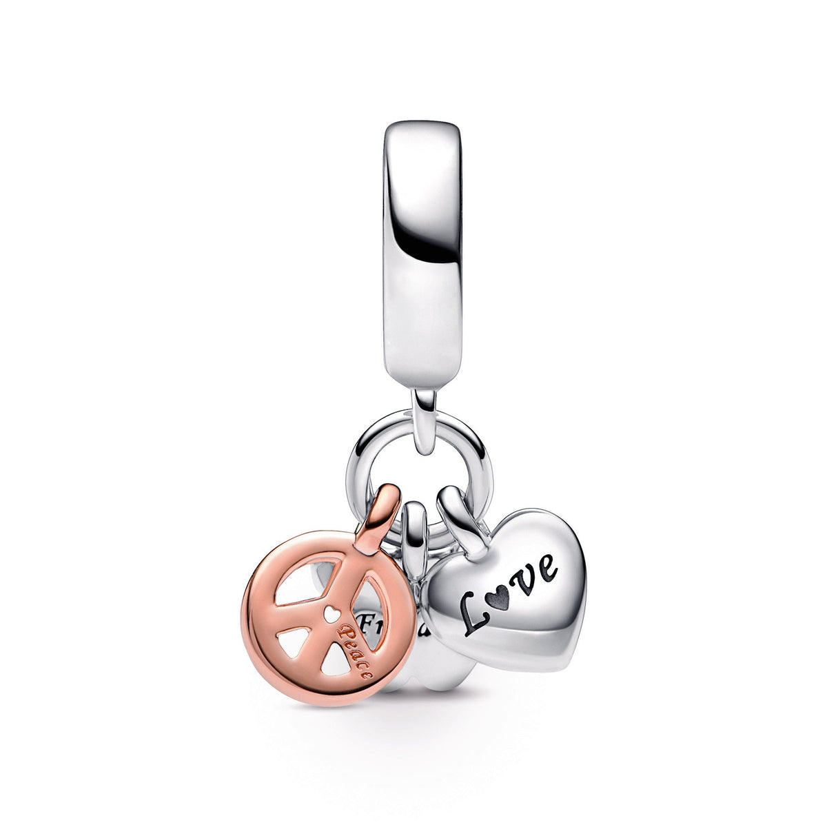 Pandora Charm Featuring Two-Tone Rainbow Heart, Butterfly & Peace Triple Dangle