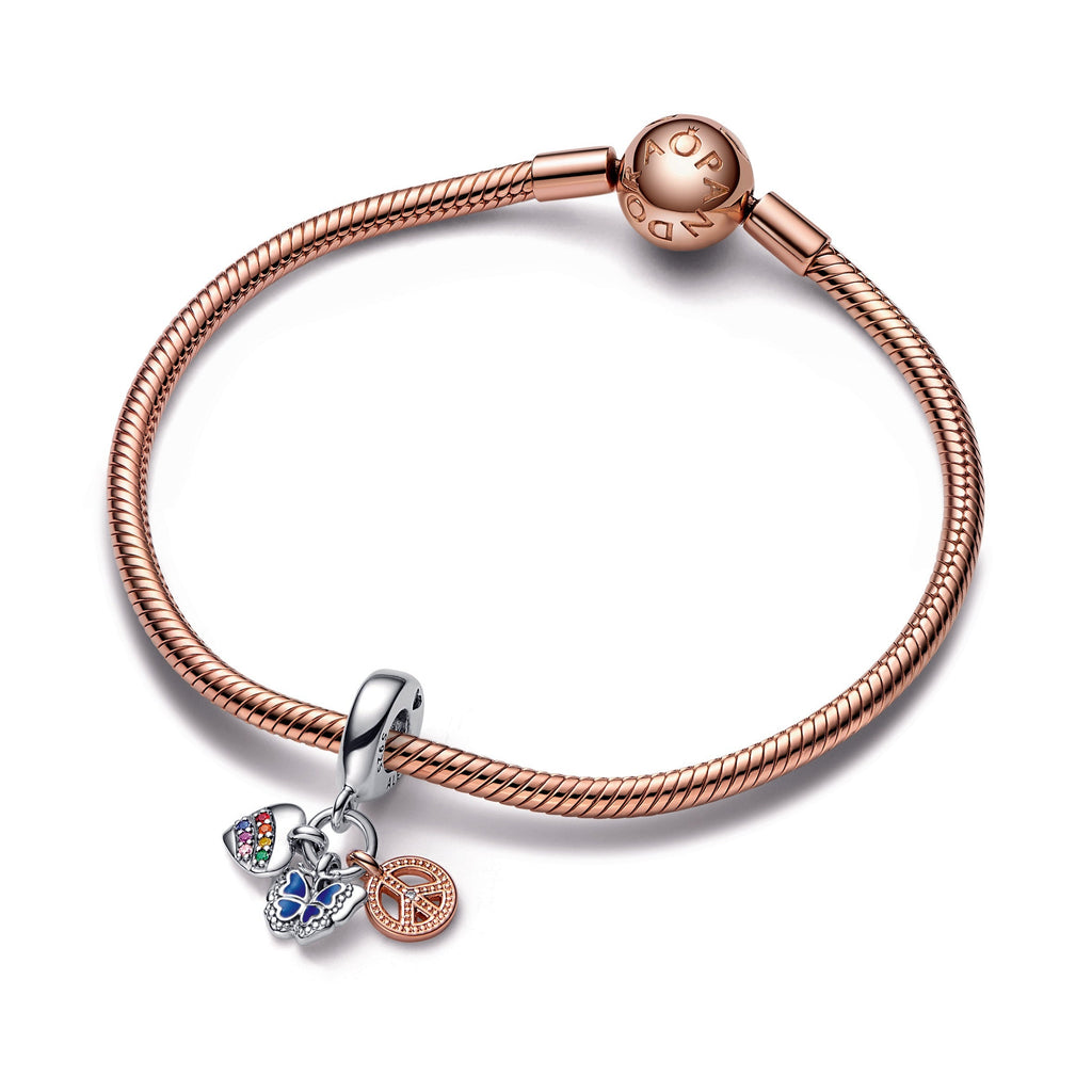 Pandora Charm Featuring Two-Tone Rainbow Heart, Butterfly & Peace Triple Dangle