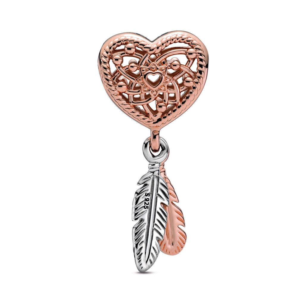 Pandora Charm Featuring Openwork Heart & Two Feathers Dreamcatcher
