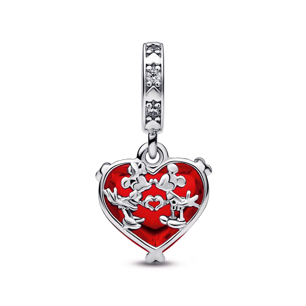 Pandora Charm Featuring Disney Mickey & Minnie Mouse Kiss Red Murano Glass Dangle