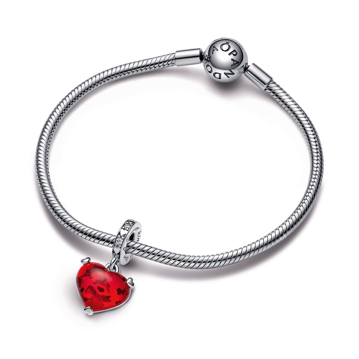 Pandora Charm Featuring Disney Mickey & Minnie Mouse Kiss Red Murano Glass Dangle