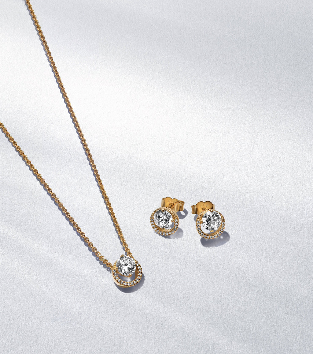 Pandora Jewelry Set Featuring Round Halo 14K Gold-Plated Necklace & Earring Gift Set