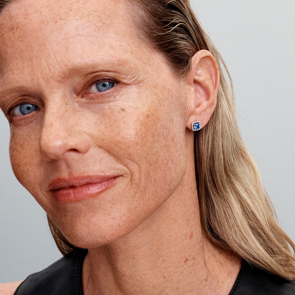 Pandora Earrings Featuring Sparkling Square Blue Halo Stud