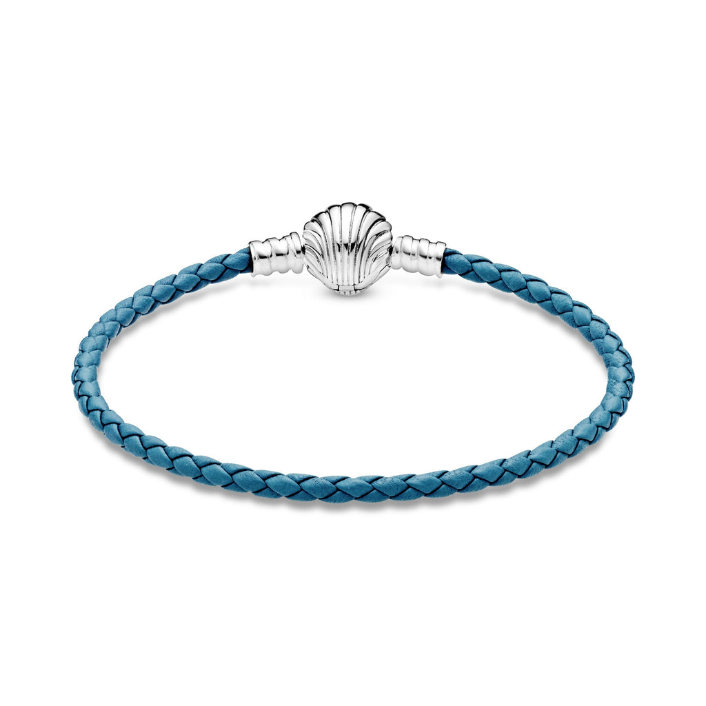 Pandora Bracelet Featuring Moments Seashell Clasp Turquoise Braided Leather