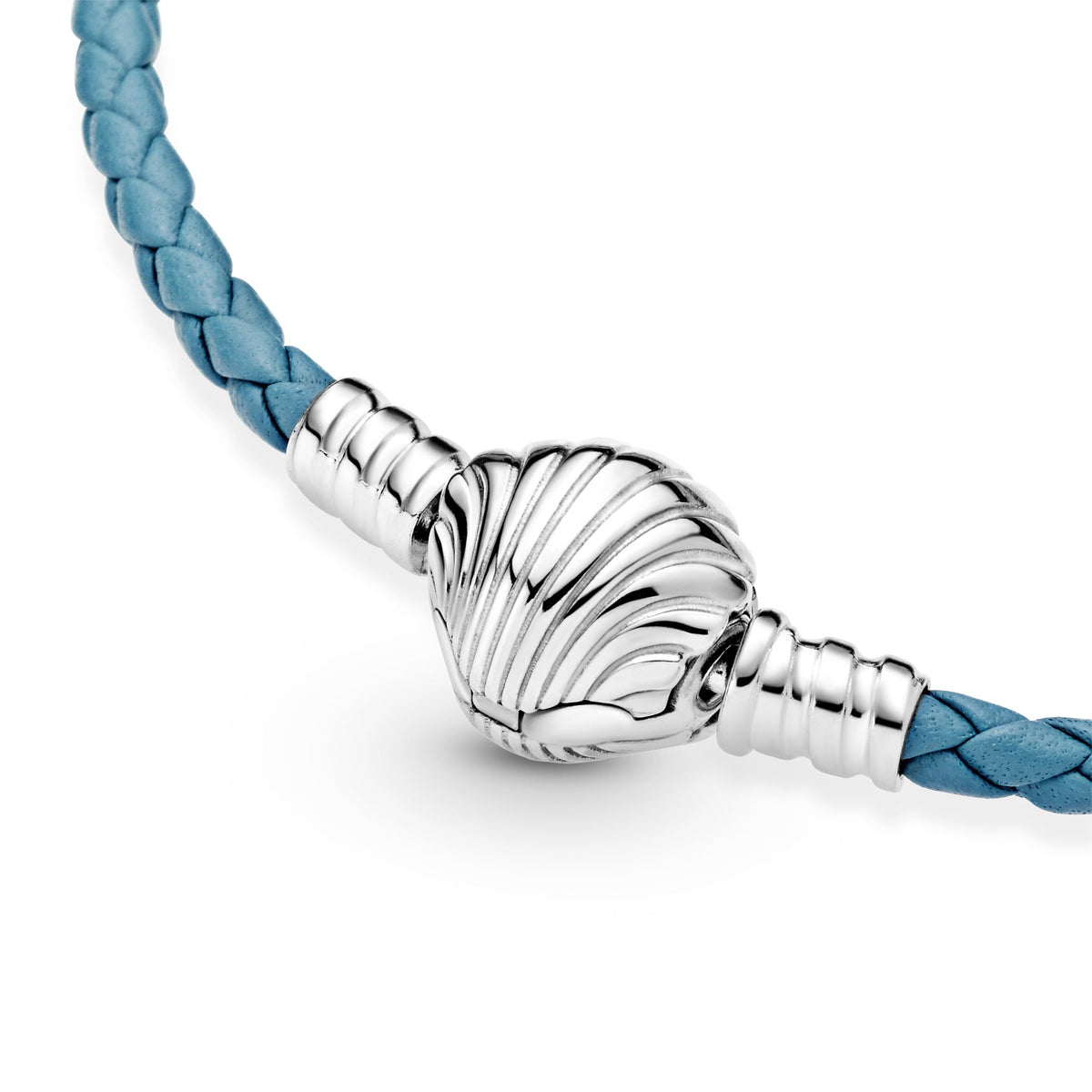 Pandora Bracelet Featuring Moments Seashell Clasp Turquoise Braided Leather
