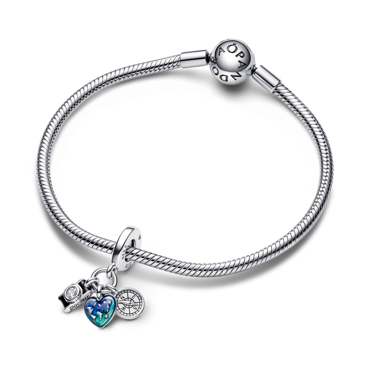 Pandora Charm Featuring Camera, Heart & Compass Triple Dangle