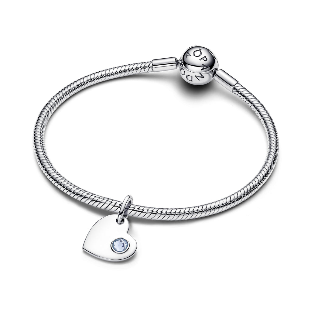 Pandora Charm Featuring Engravable Heart Aqua Blue Stone Dangle