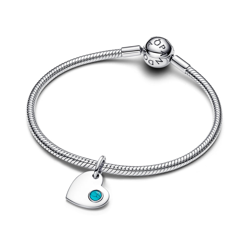 Pandora Charm Featuring Engravable Heart Turquoise Blue Stone Dangle