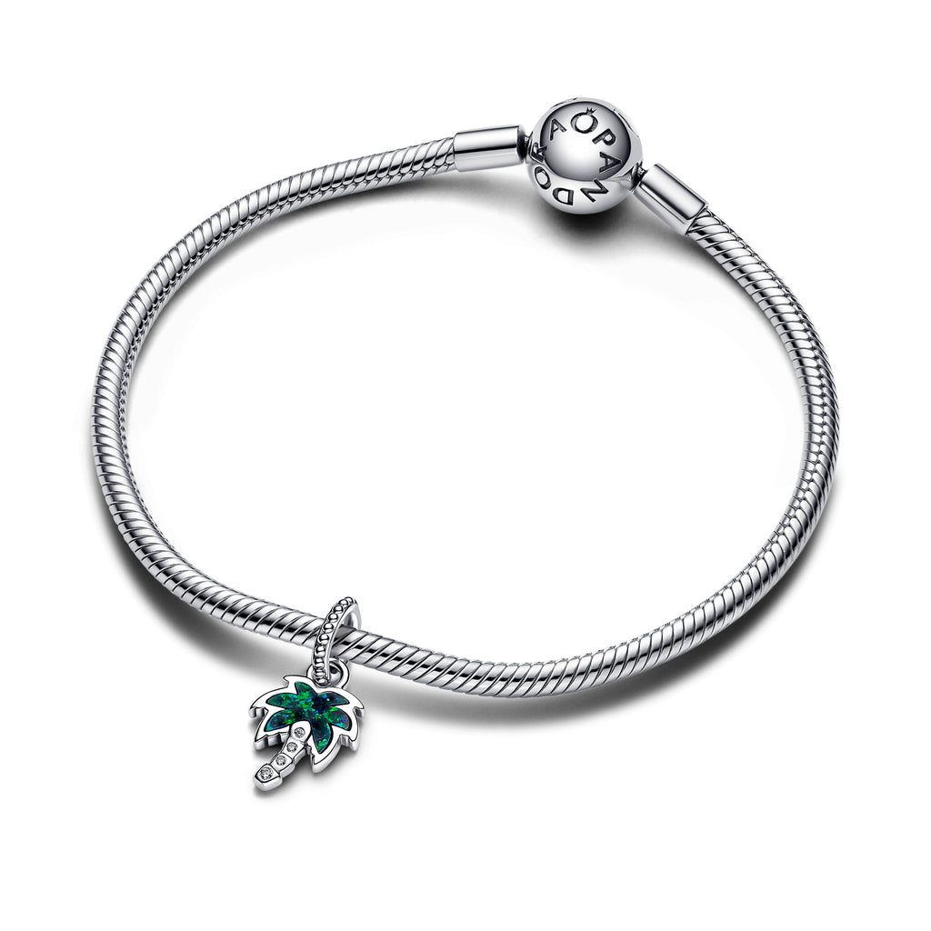 Pandora Charm Featuring Opalescent Green Palm Tree Dangle