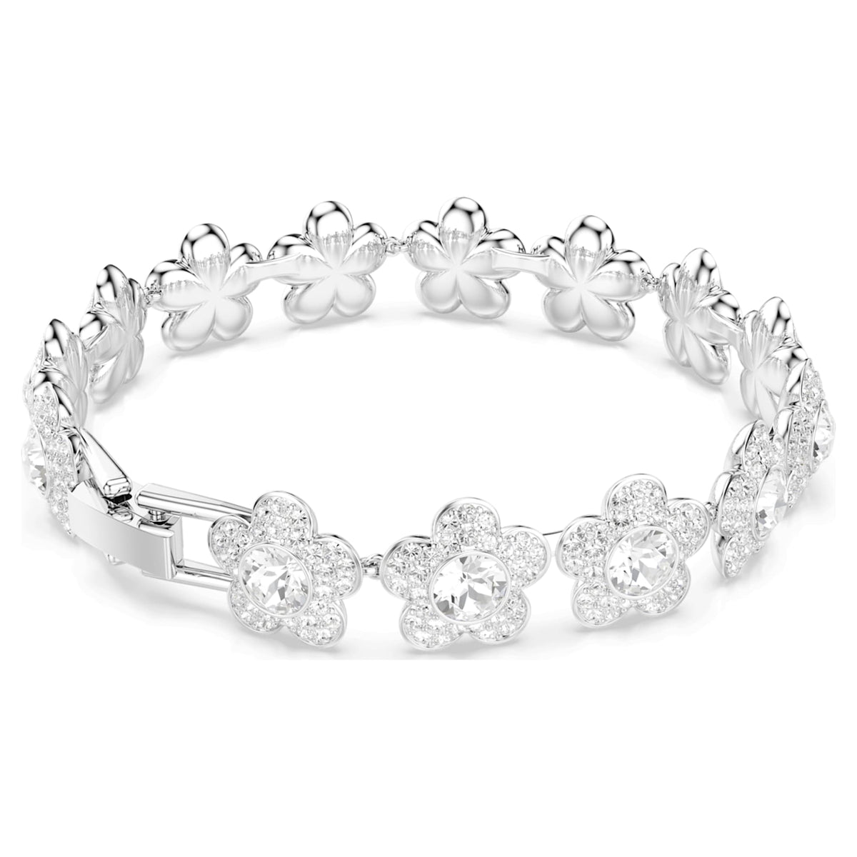 Ariana Grande x Swarovski bracelet featuring a flower motif with white round-cut accents and rhodium plating