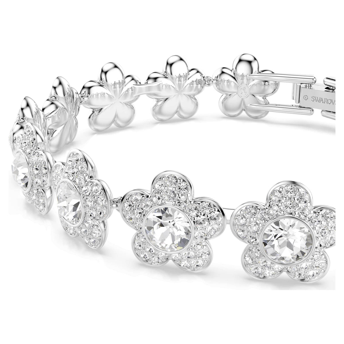 Ariana Grande x Swarovski bracelet featuring a flower motif with white round-cut accents and rhodium plating
