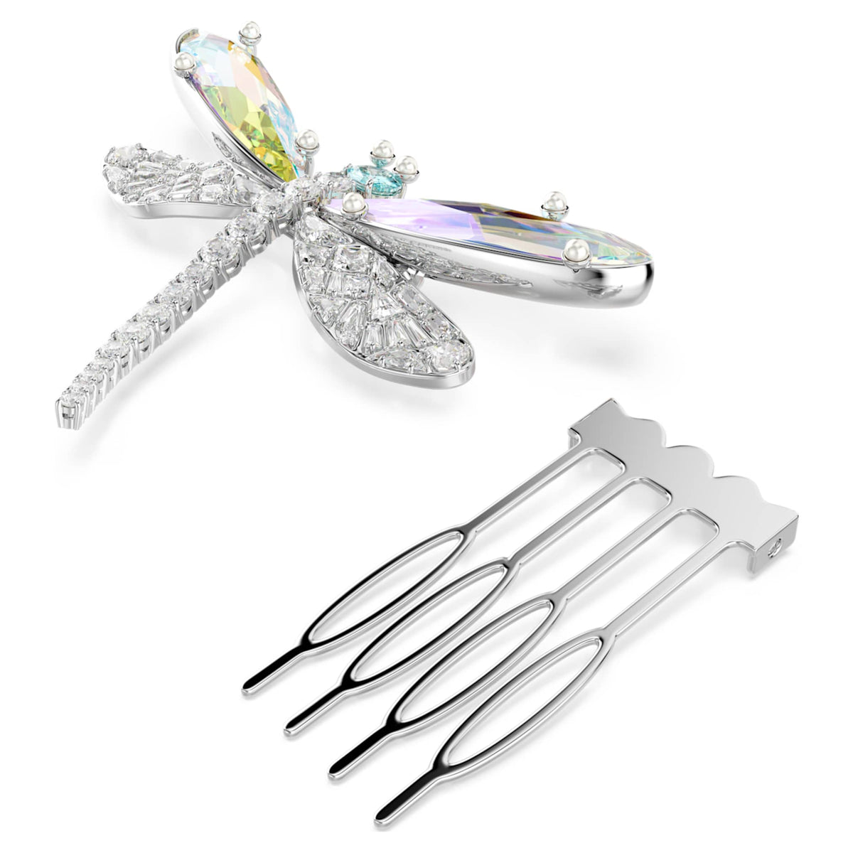 Ariana Grande x Swarovski brooch and hair accessory Crystal Pearl, Mixed cuts, Dragonfly, White, Rhodium plated