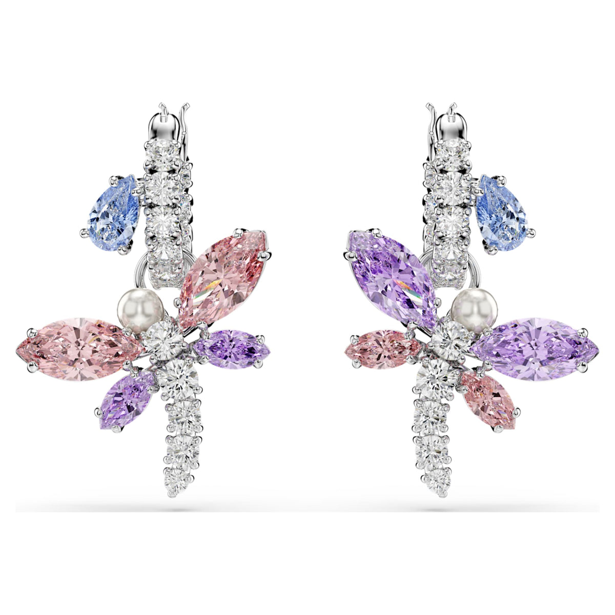Ariana Grande x Swarovski drop earrings featuring a dragonfly motif with multicolored mixed-cut accents and rhodium plating