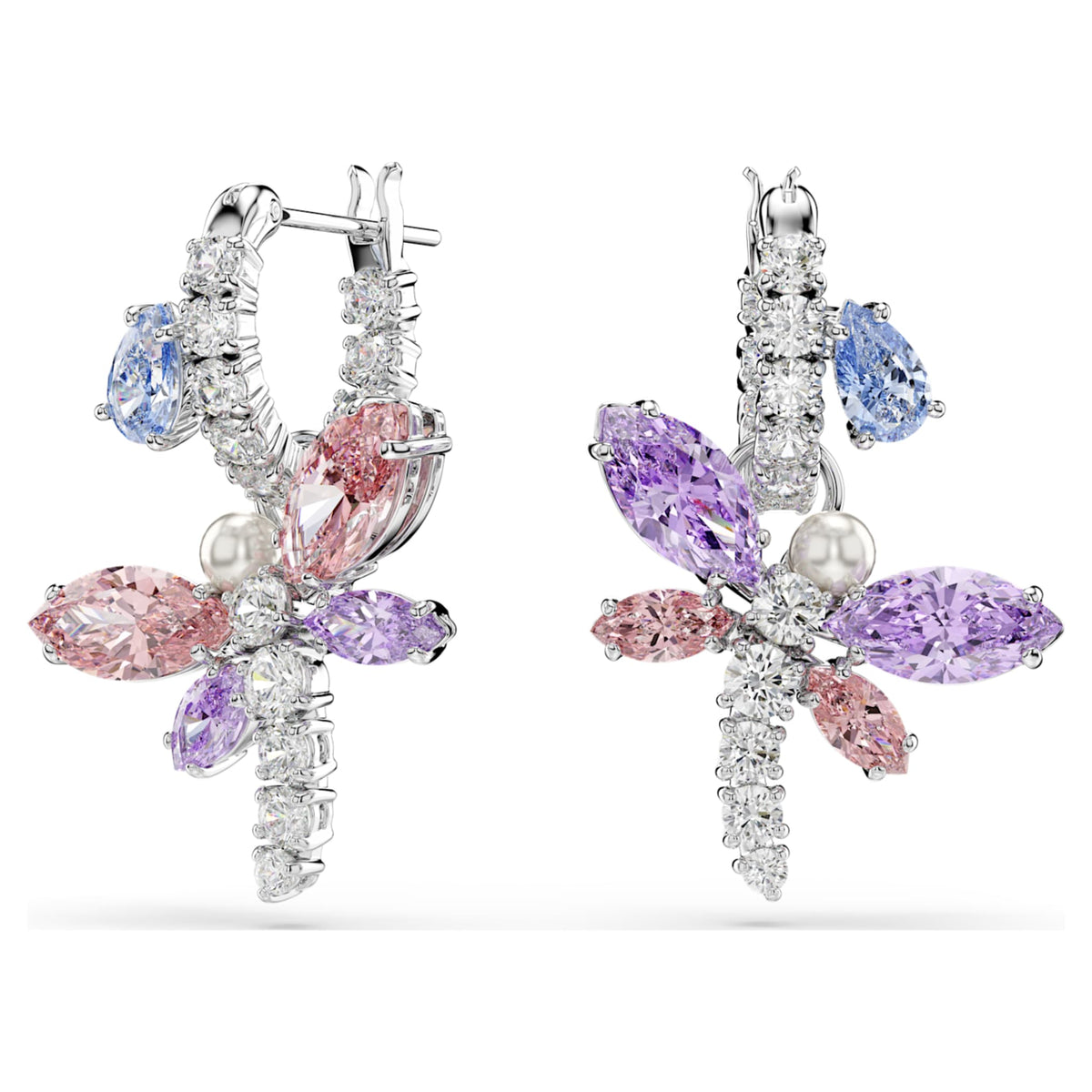 Ariana Grande x Swarovski drop earrings featuring a dragonfly motif with multicolored mixed-cut accents and rhodium plating