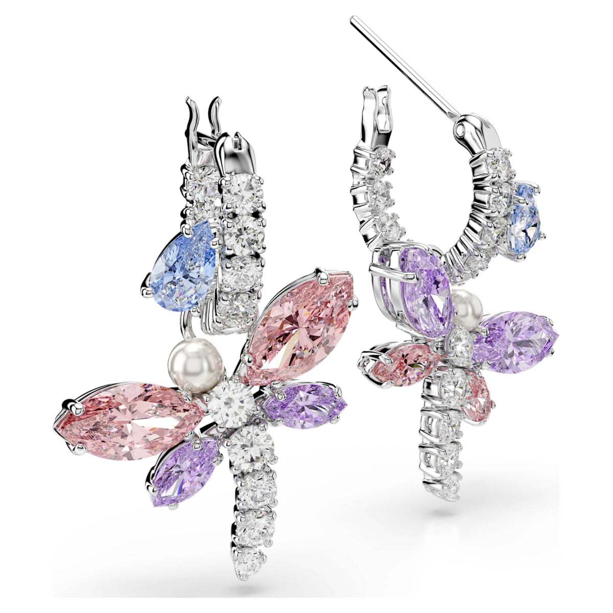 Ariana Grande x Swarovski drop earrings featuring a dragonfly motif with multicolored mixed-cut accents and rhodium plating