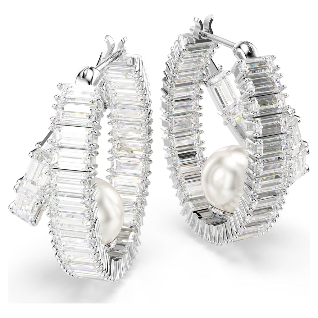 Ariana Grande x Swarovski hoop earrings Crystal pearl, Baguette cut, White, Rhodium plated
