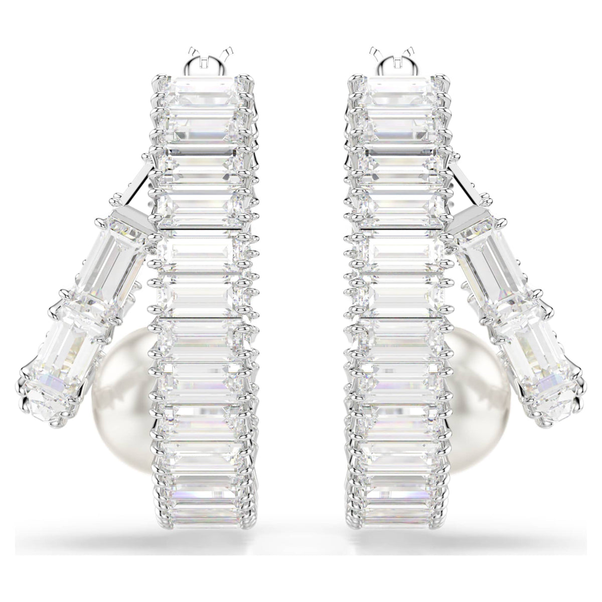 Ariana Grande x Swarovski hoop earrings Crystal pearl, Baguette cut, White, Rhodium plated