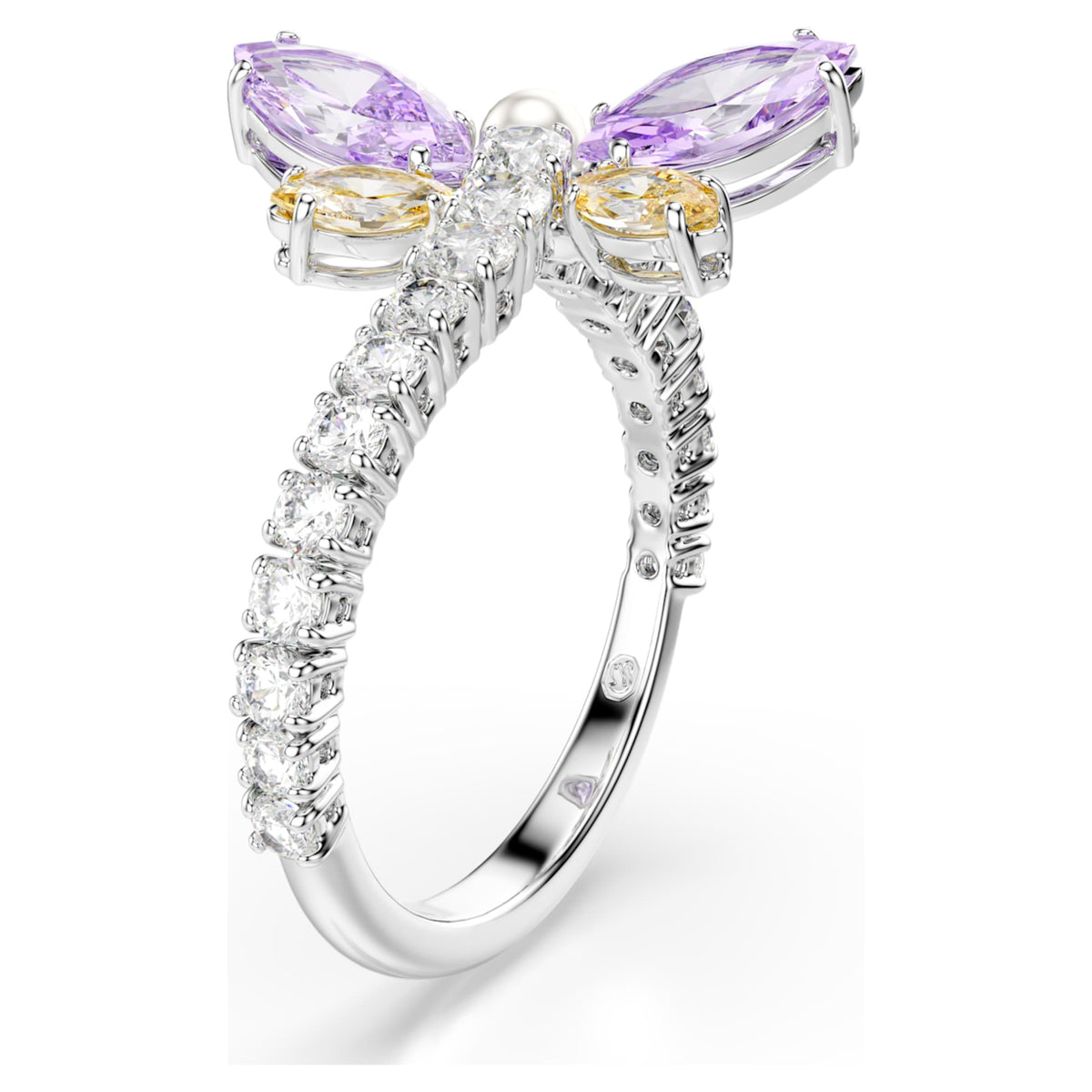 Ariana Grande x Swarovski motif ring featuring a dragonfly motif with multicolored mixed-cut accents and rhodium plating