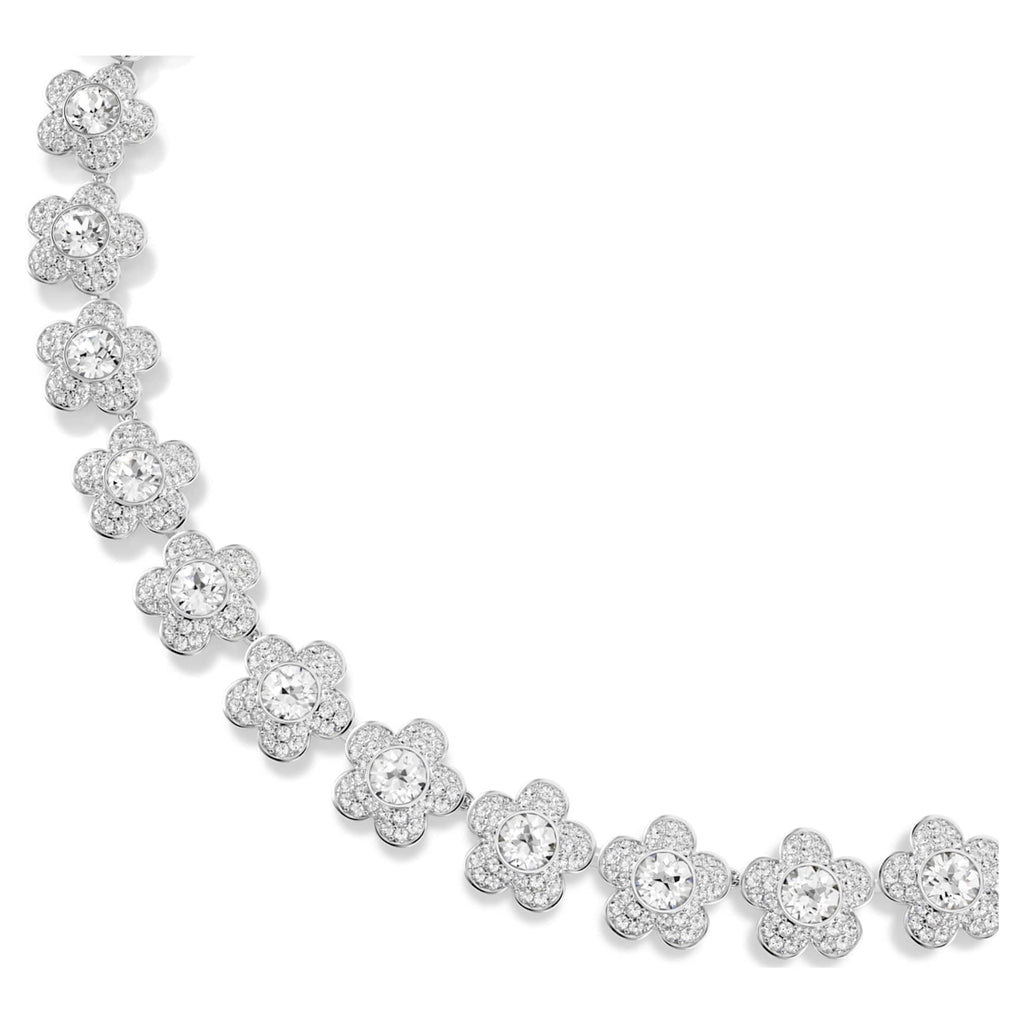 Ariana Grande x Swarovski necklace featuring a flower motif with white round-cut accents and rhodium plating