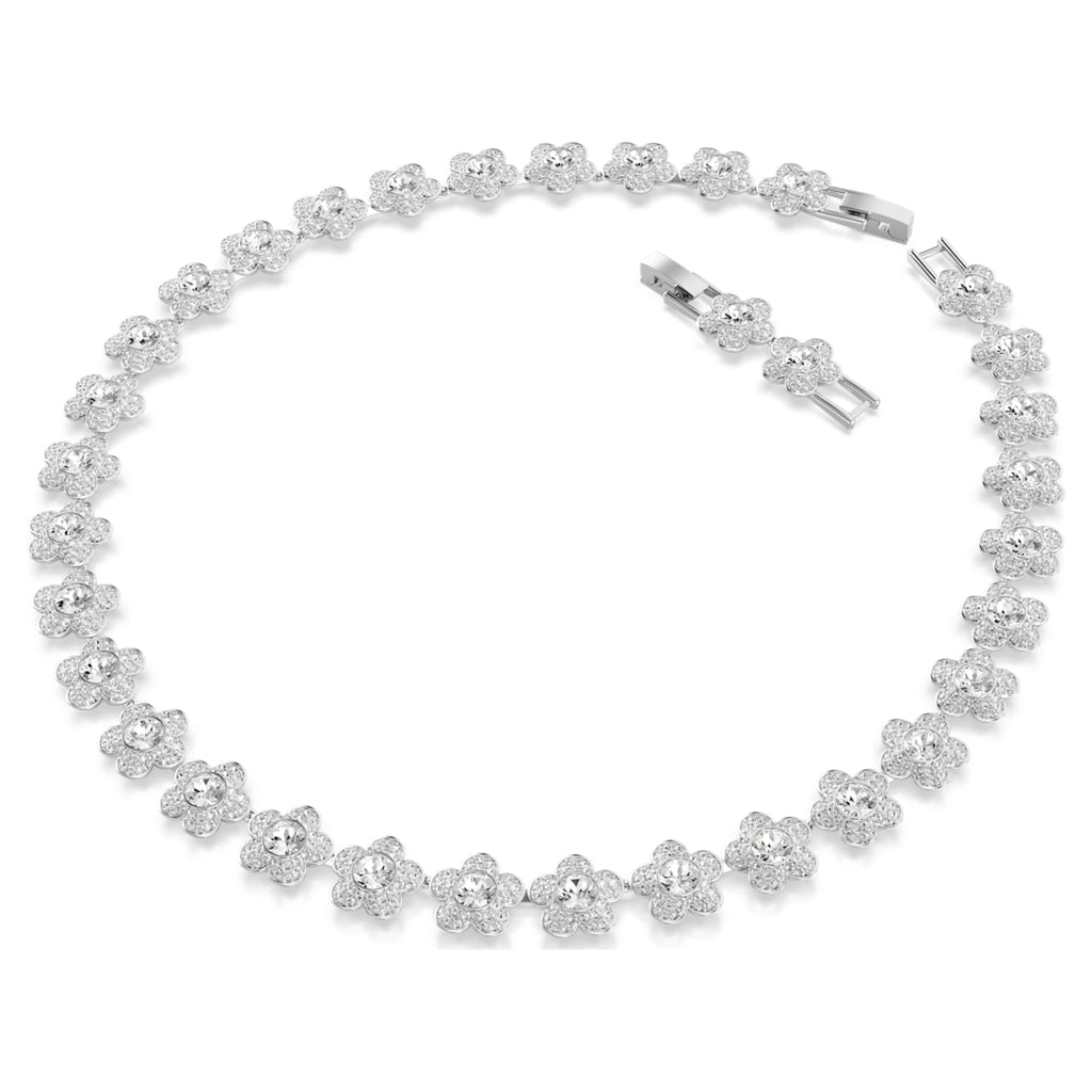 Ariana Grande x Swarovski necklace featuring a flower motif with white round-cut accents and rhodium plating