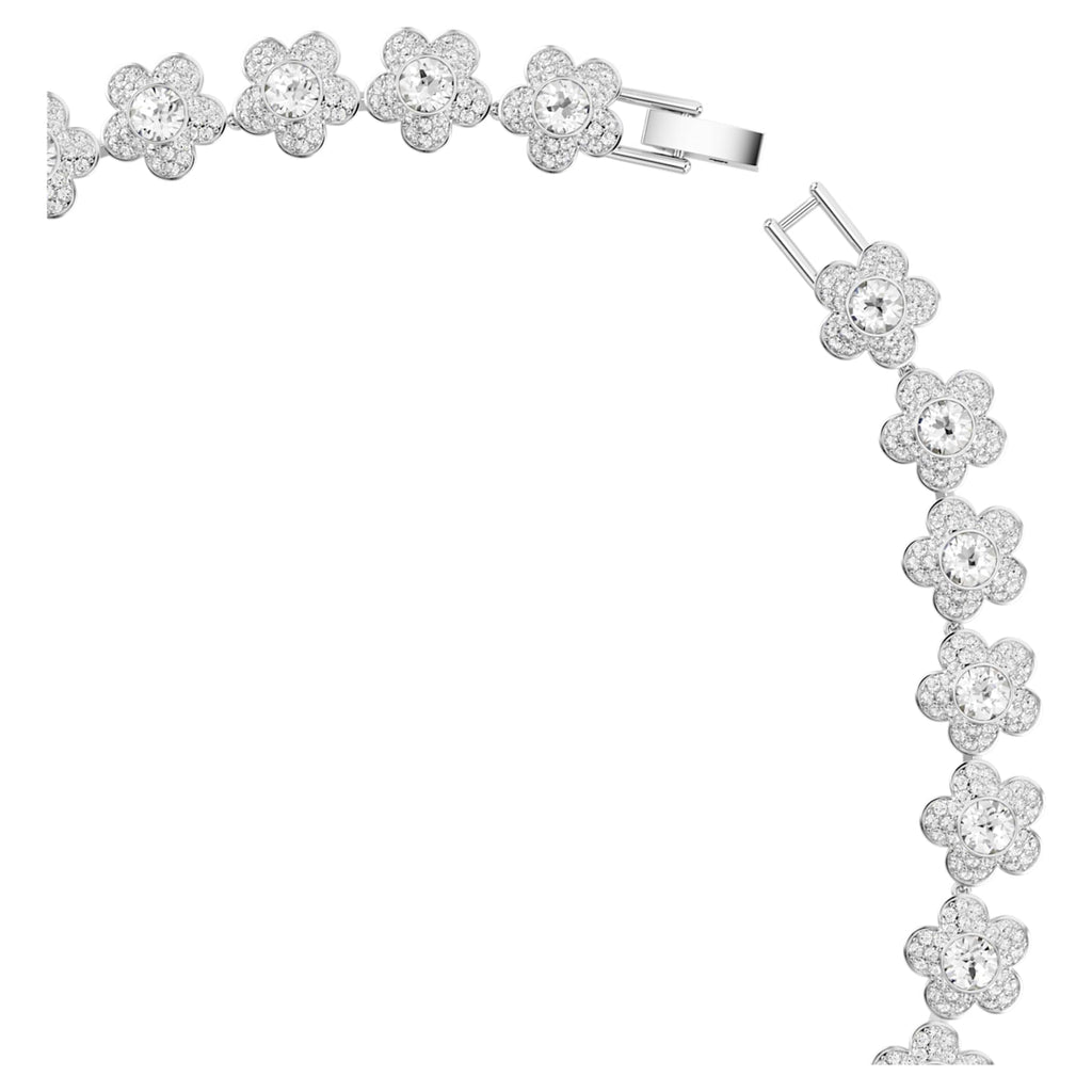Ariana Grande x Swarovski necklace featuring a flower motif with white round-cut accents and rhodium plating