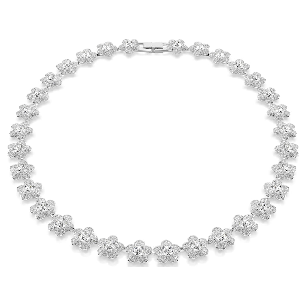 Ariana Grande x Swarovski necklace featuring a flower motif with white round-cut accents and rhodium plating