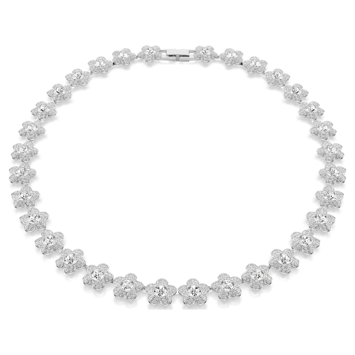 Ariana Grande x Swarovski necklace featuring a flower motif with white round-cut accents and rhodium plating
