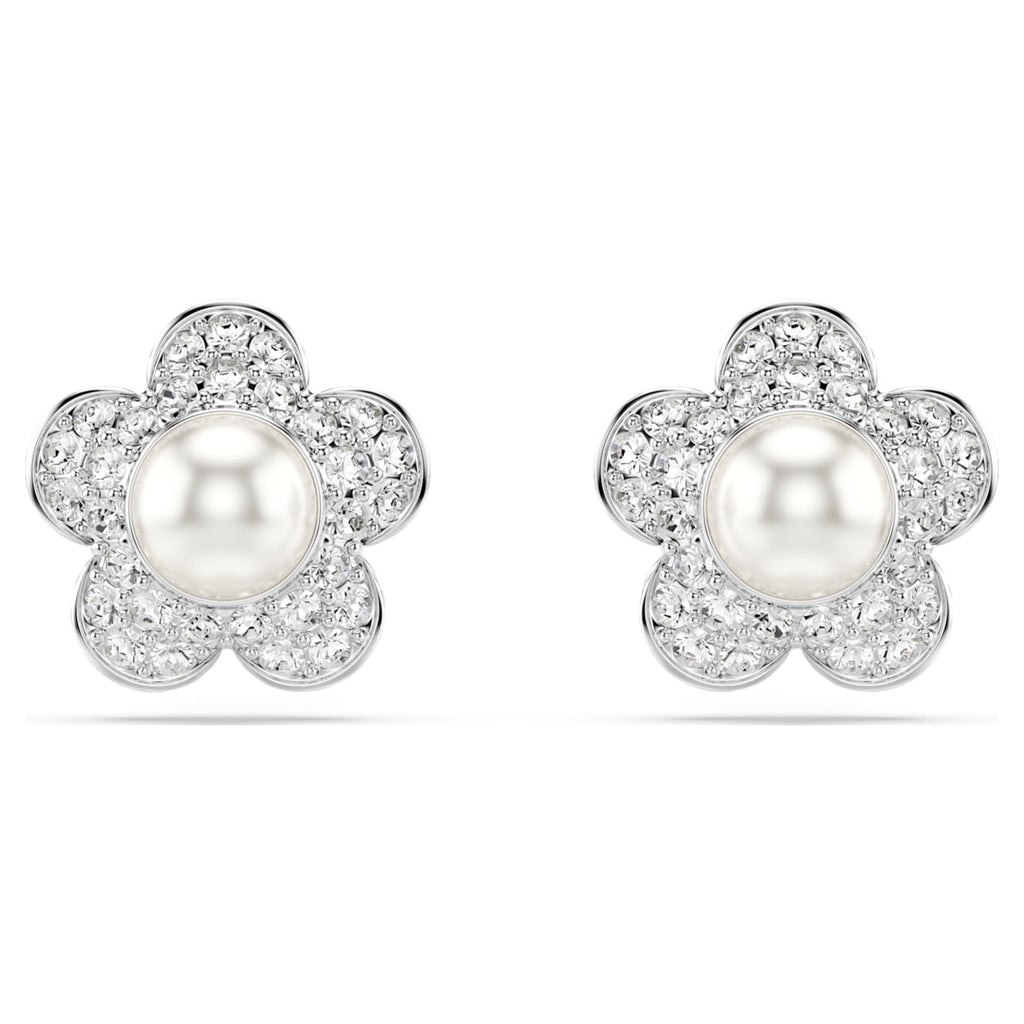 Ariana Grande x Swarovski stud earrings Crystal Pearl, Round cut, Flower, White, Rhodium plated