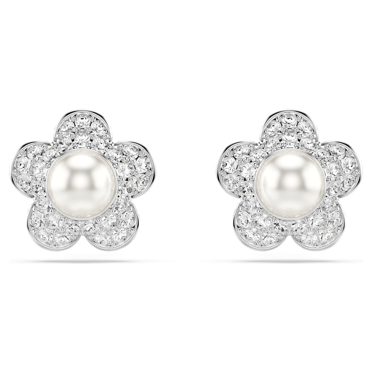 Ariana Grande x Swarovski stud earrings Crystal Pearl, Round cut, Flower, White, Rhodium plated