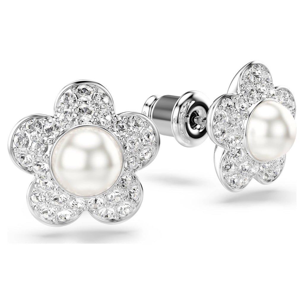 Ariana Grande x Swarovski stud earrings Crystal Pearl, Round cut, Flower, White, Rhodium plated