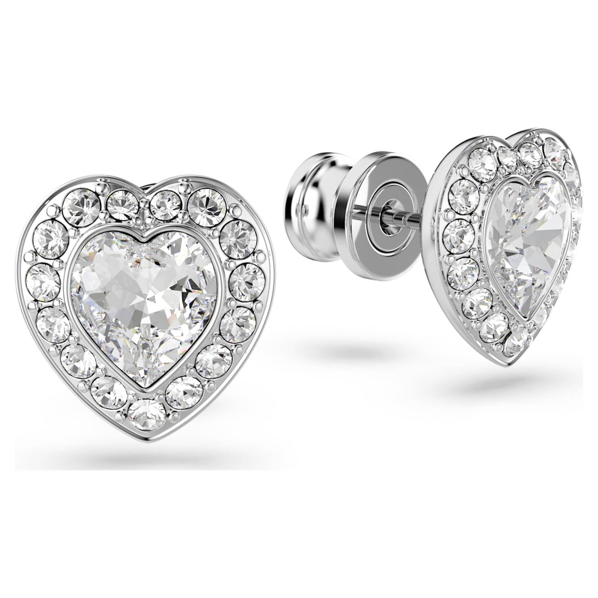 Ariana Grande x Swarovski stud earrings featuring a heart motif with white mixed-cut accents and rhodium plating