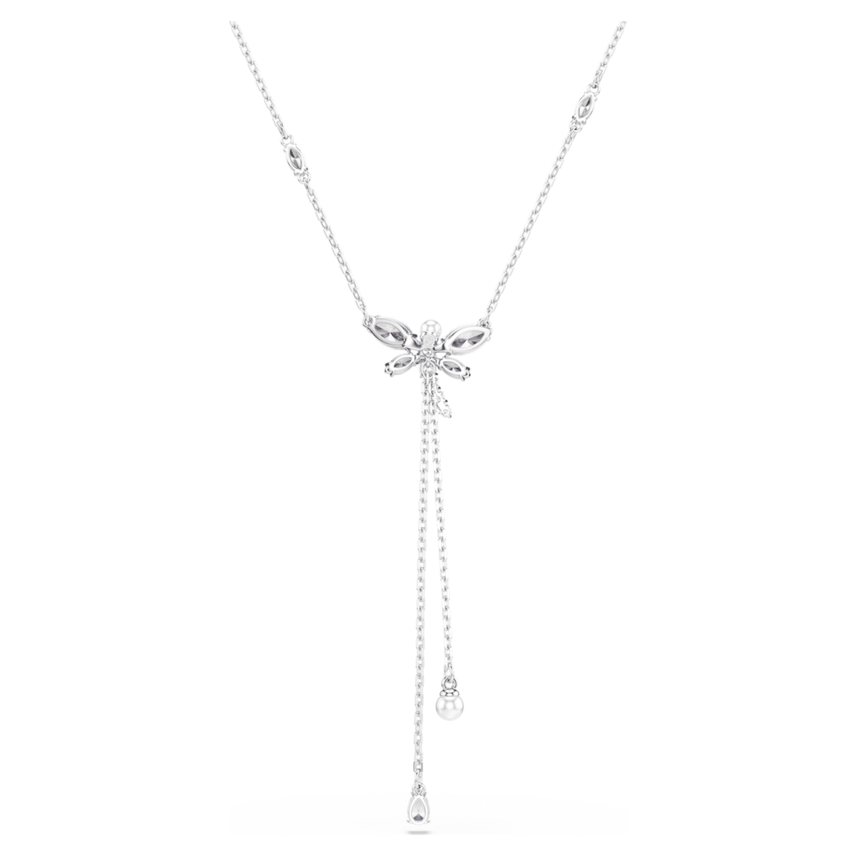 Ariana Grande x Swarovski Y necklace featuring a dragonfly motif with multicolored mixed-cut accents and rhodium plating