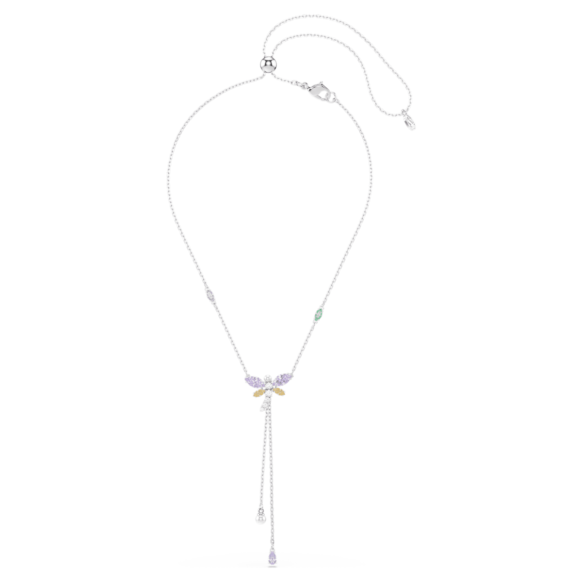Ariana Grande x Swarovski Y necklace featuring a dragonfly motif with multicolored mixed-cut accents and rhodium plating