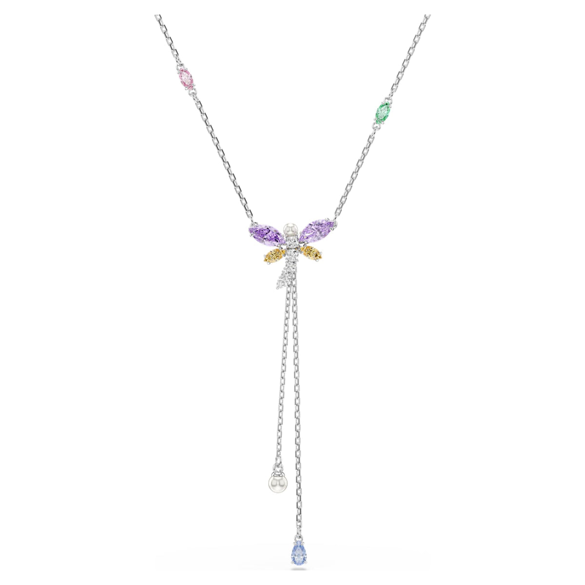 Ariana Grande x Swarovski Y necklace featuring a dragonfly motif with multicolored mixed-cut accents and rhodium plating
