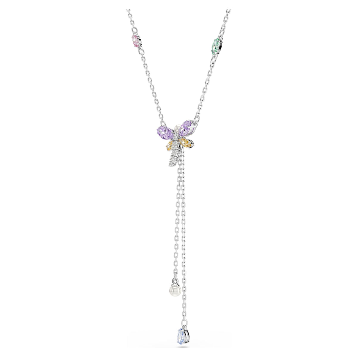 Ariana Grande x Swarovski Y necklace featuring a dragonfly motif with multicolored mixed-cut accents and rhodium plating