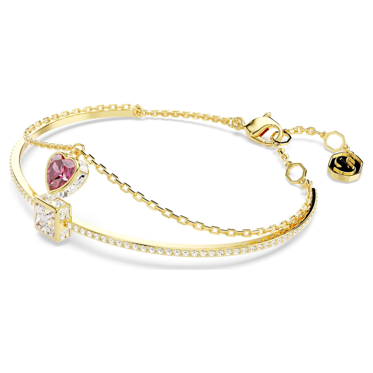 Swarovski Chroma bangle featuring a heart motif with red accents and an 18K gold finish