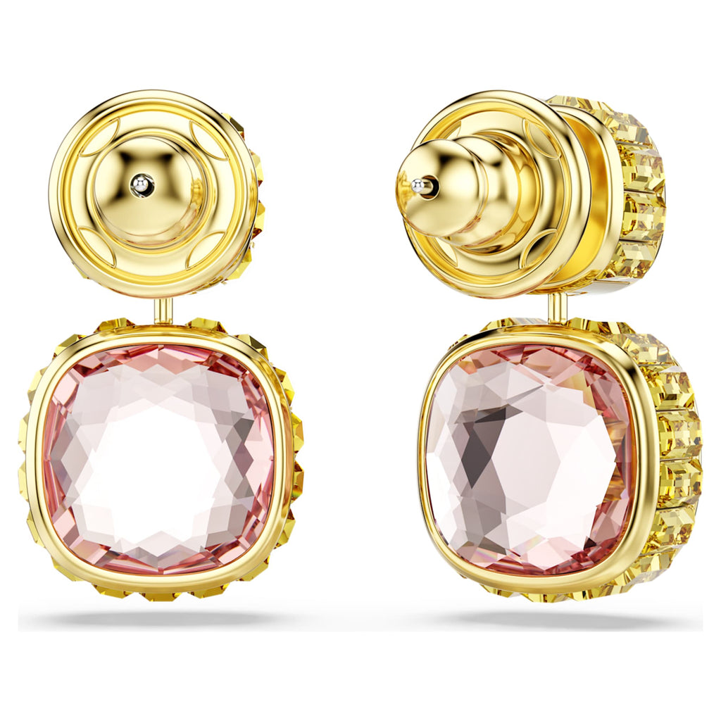 Swarovski Chroma drop earrings with multicolored cushion-cut accents and an 18K gold finish