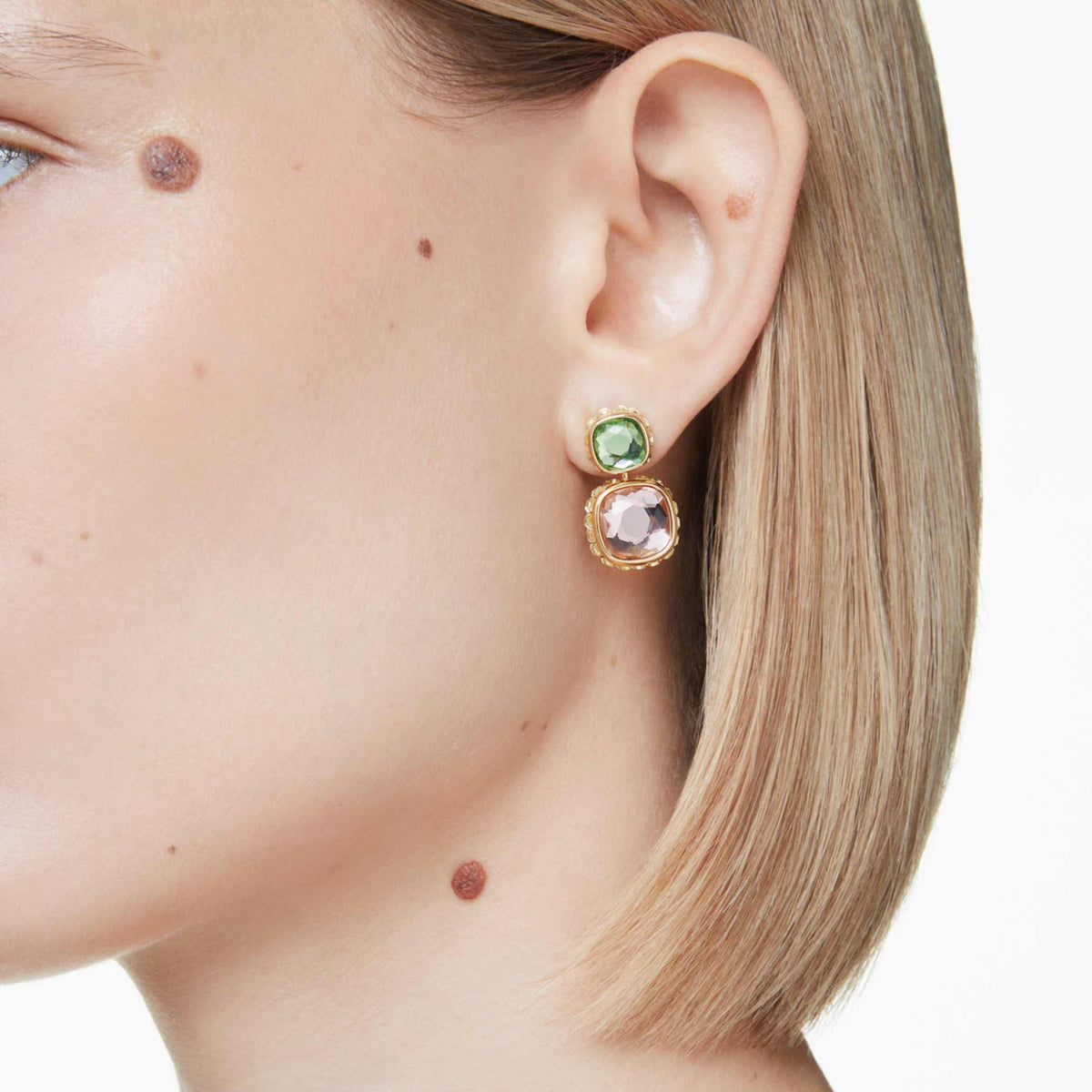 Swarovski Chroma drop earrings with multicolored cushion-cut accents and an 18K gold finish