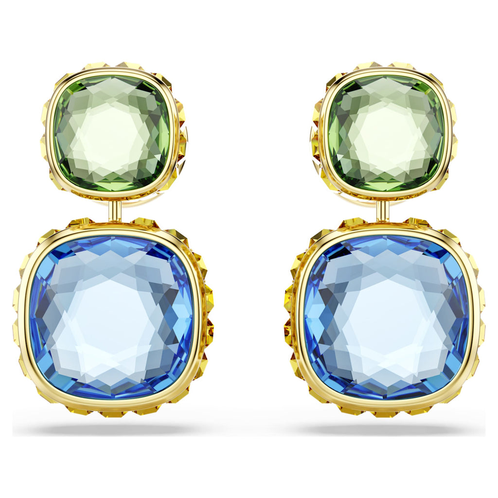 Swarovski Chroma drop earrings with multicolored cushion-cut accents and an 18K gold finish