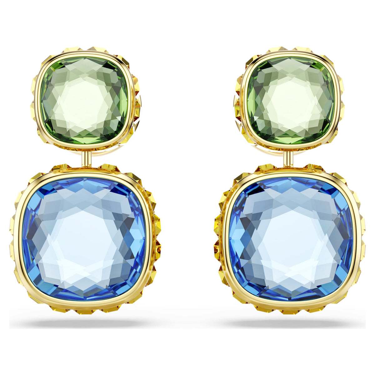 Swarovski Chroma drop earrings with multicolored cushion-cut accents and an 18K gold finish