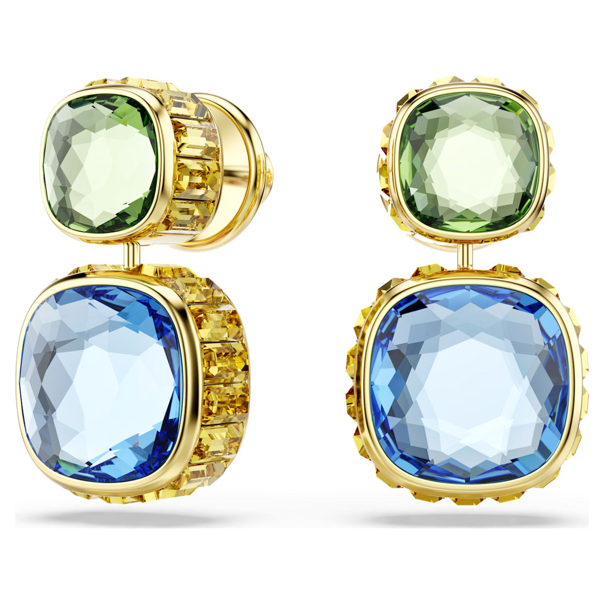 Swarovski Chroma drop earrings with multicolored cushion-cut accents and an 18K gold finish