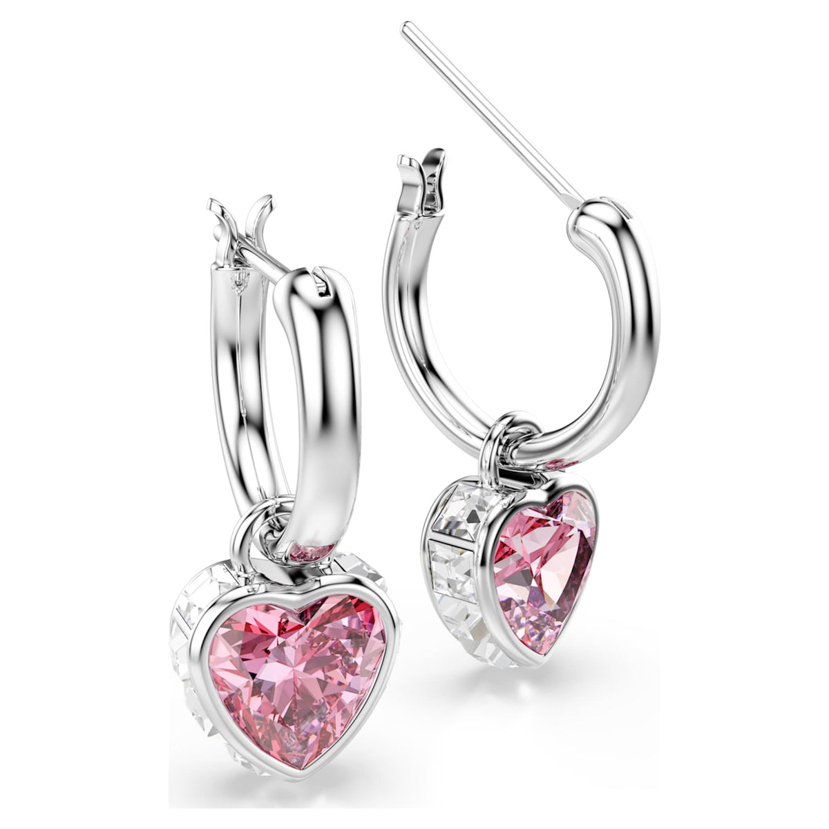 Swarovski Chroma drop earrings featuring a heart motif with pink accents and rhodium plating
