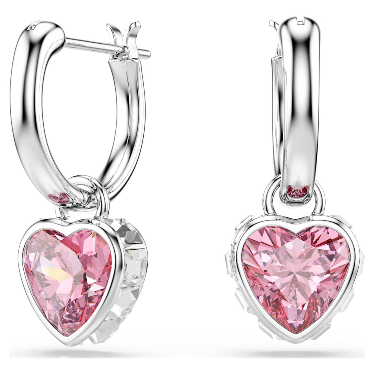 Swarovski Chroma drop earrings featuring a heart motif with pink accents and rhodium plating