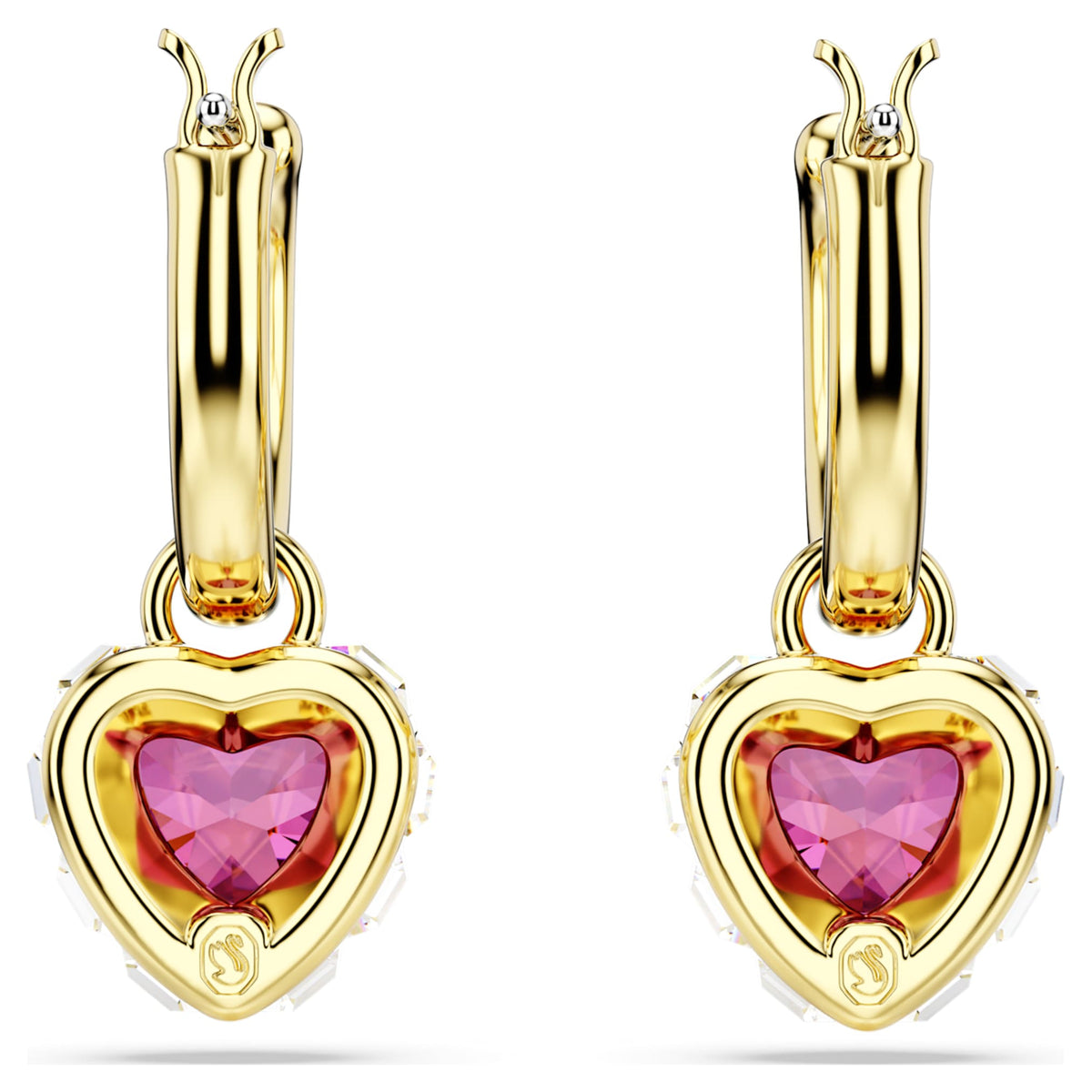 Swarovski Chroma drop earrings featuring a heart motif with red accents and an 18K gold finish