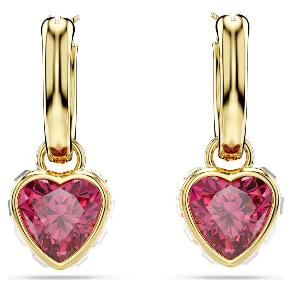 Swarovski Chroma drop earrings featuring a heart motif with red accents and an 18K gold finish