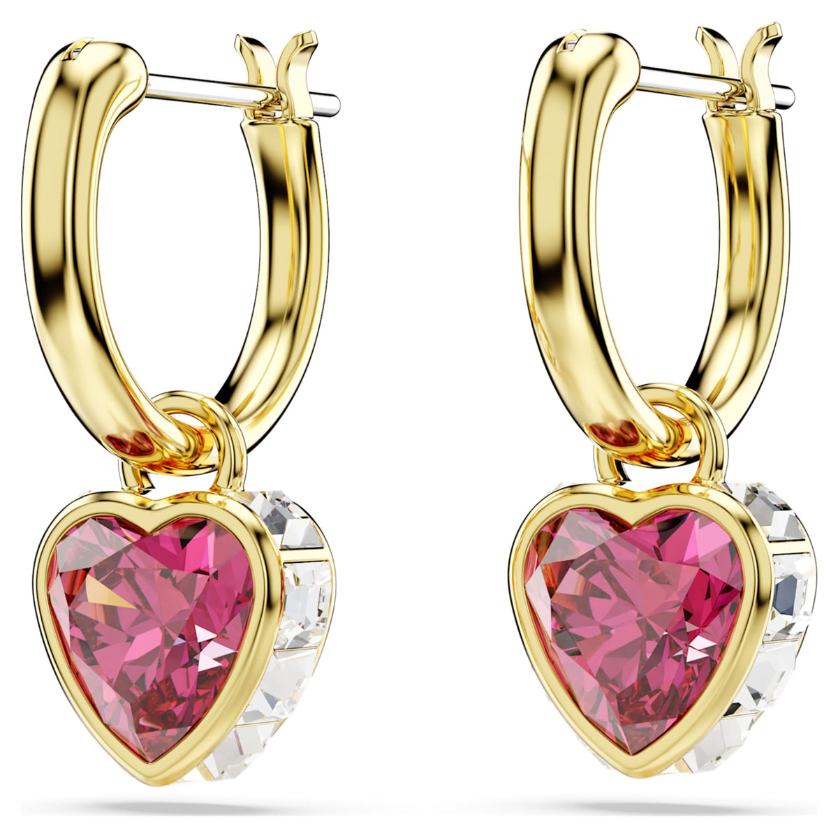 Swarovski Chroma drop earrings featuring a heart motif with red accents and an 18K gold finish